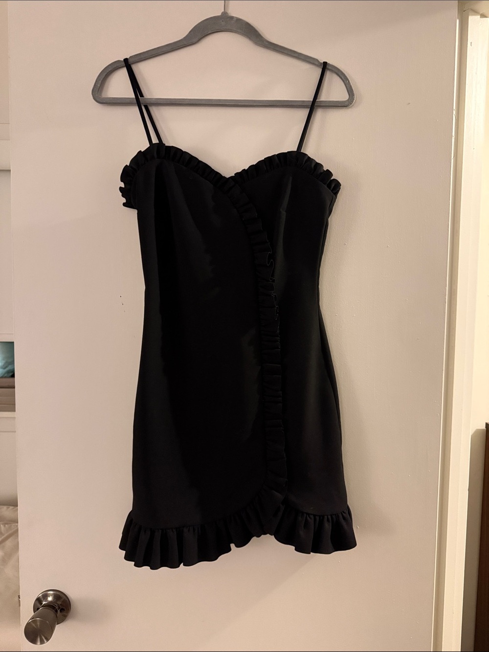 LIKELY Black Satin Ruffle Trim Mini Dress